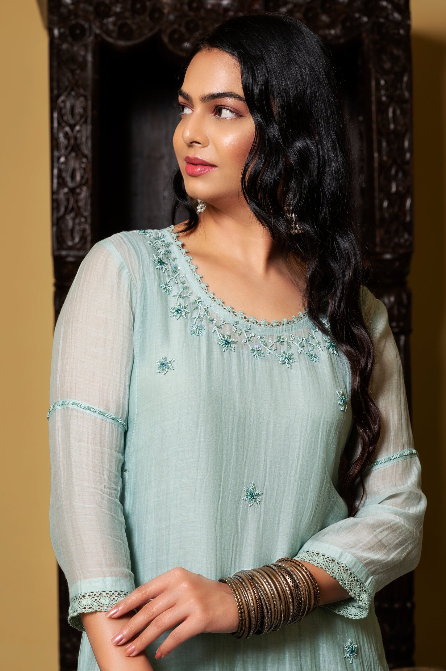 Sea Blue Fine Chanderi Kurta