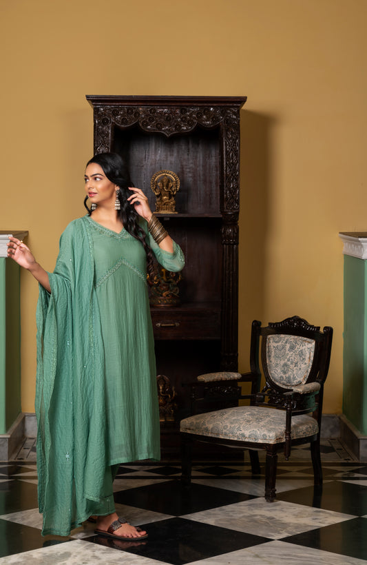 Emerald Green Fine Chanderi Kurta Set