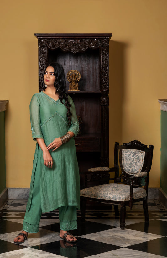 Emerald Green Fine Chanderi Kurta