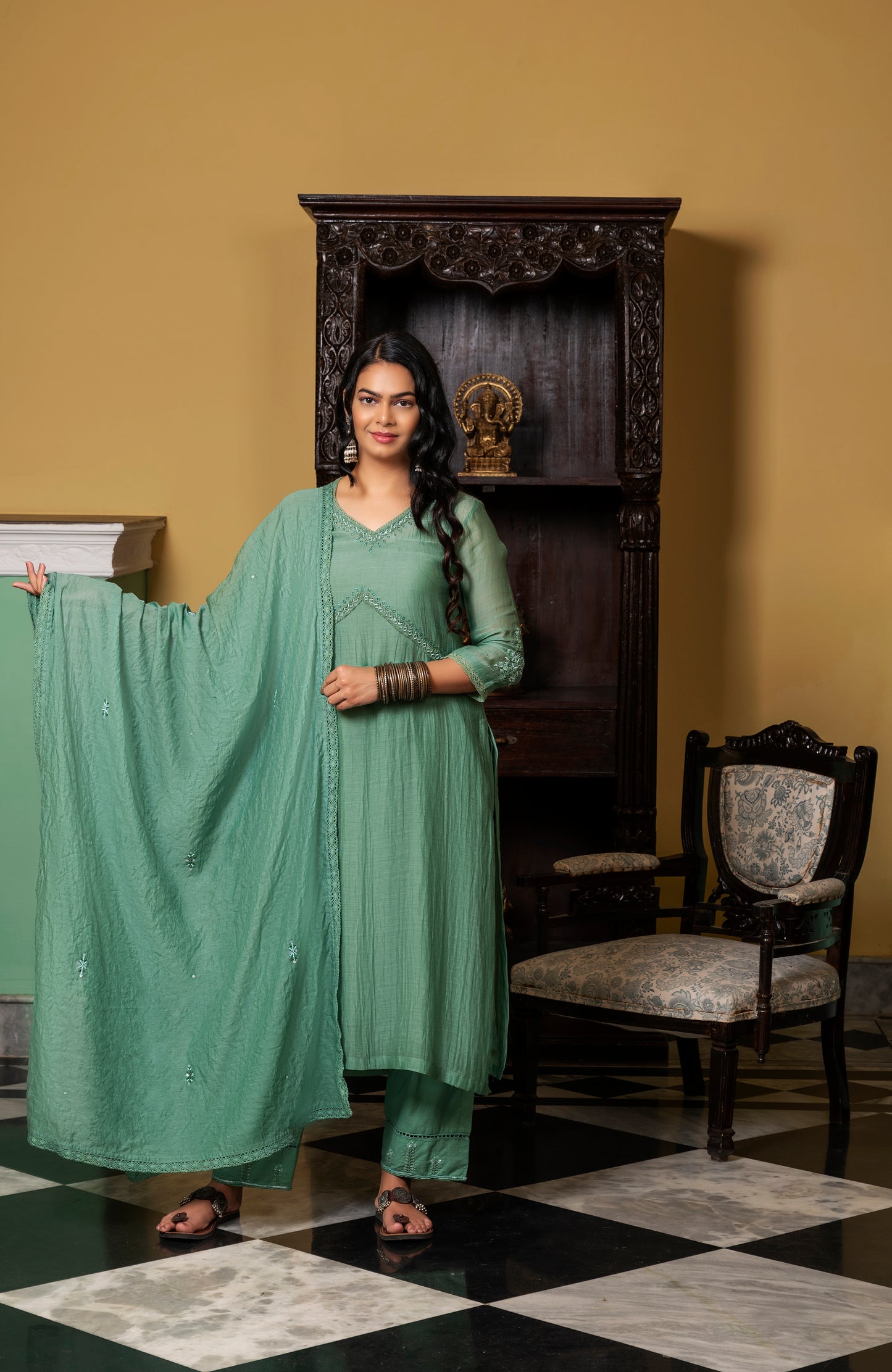 Emerald Green Fine Chanderi Kurta Set