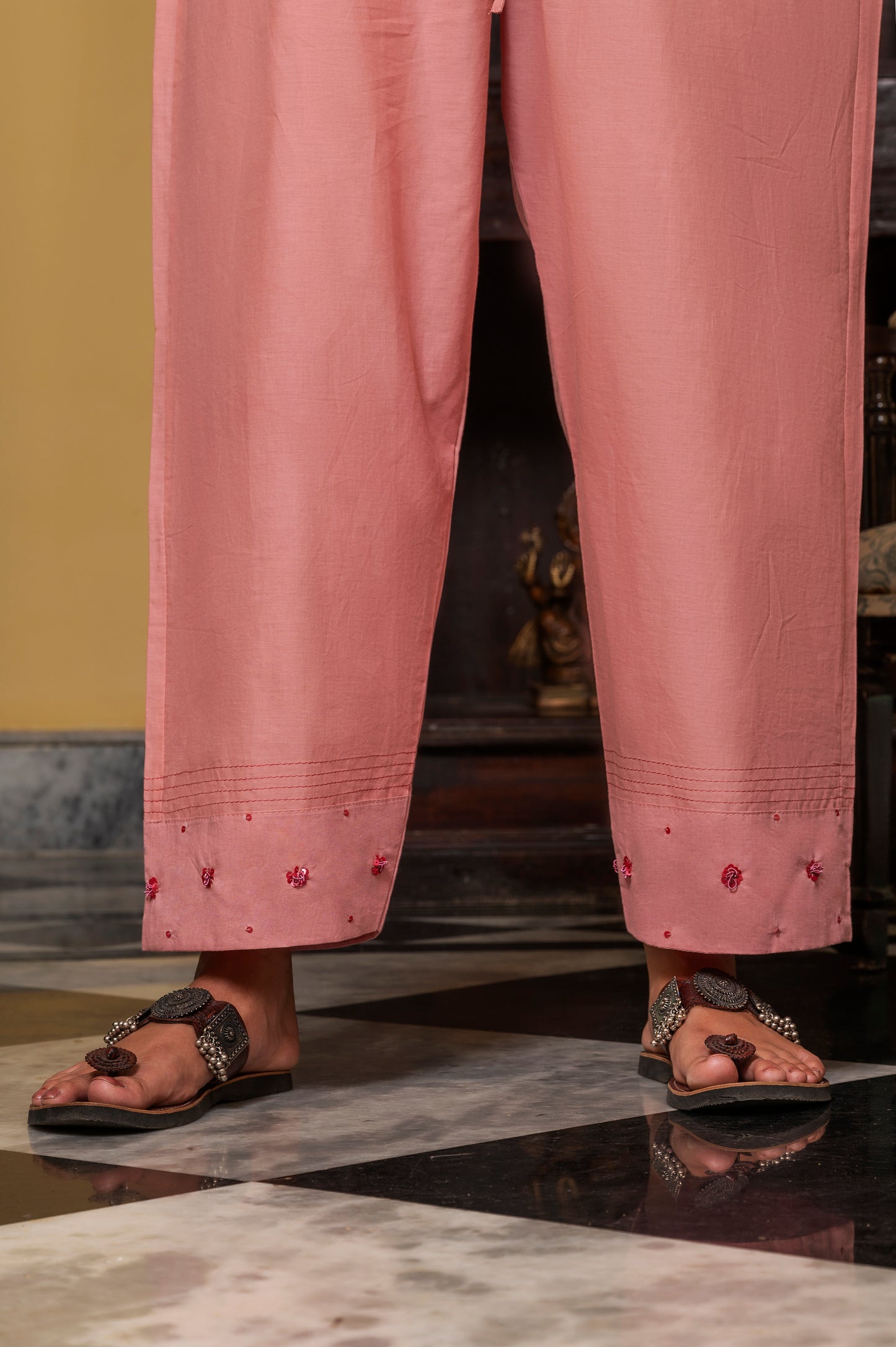 Coral Zardozi Cotton Pants
