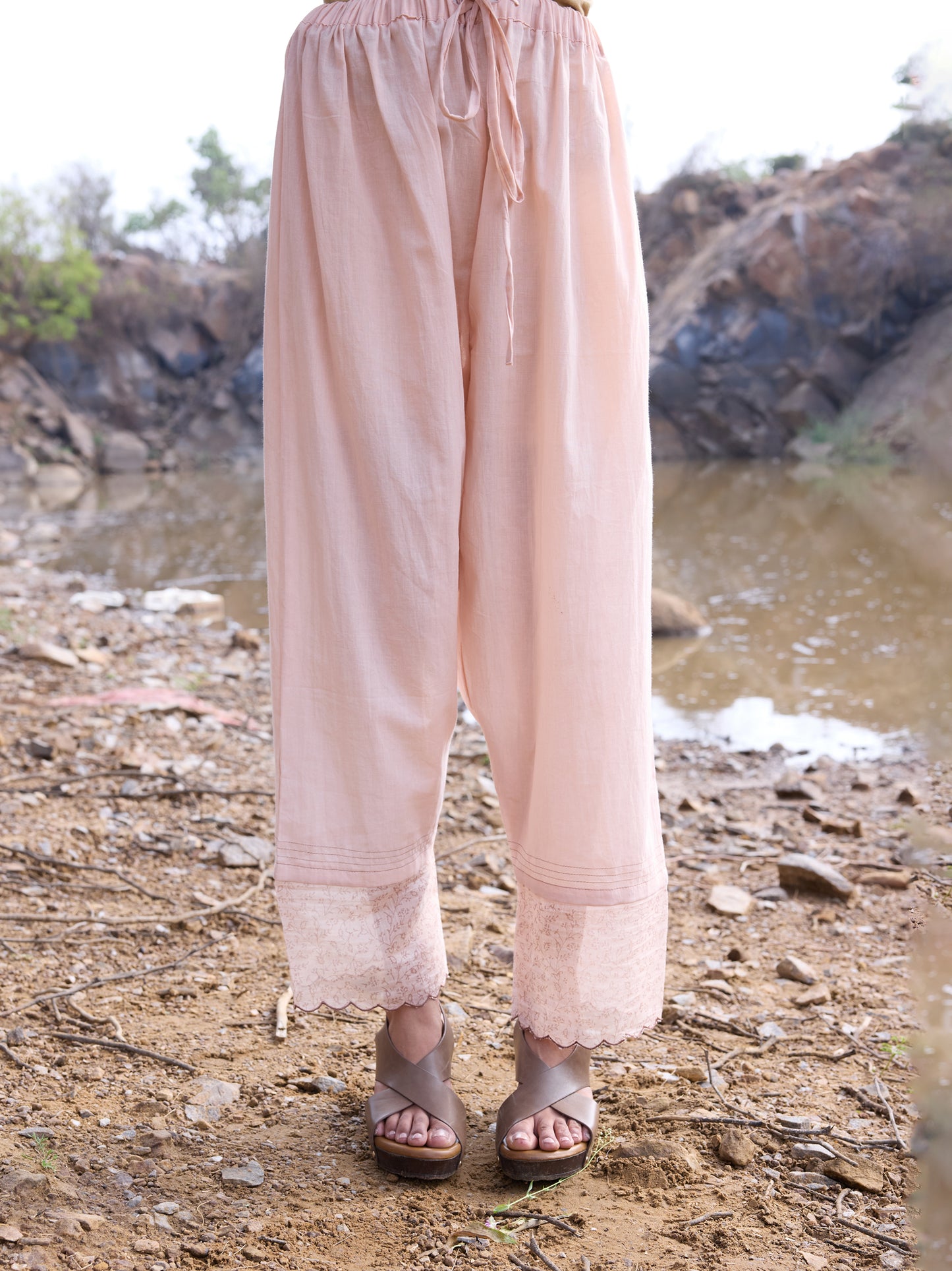 Peach printed mul chanderi Beadwork Kurta Set