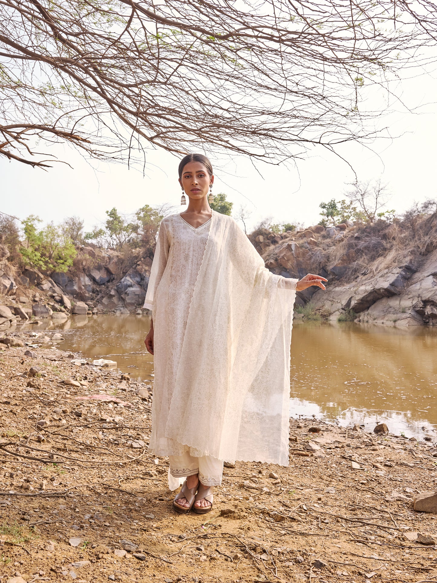 Off White and Grey printed mul Chanderi Beadwork Kurta Set