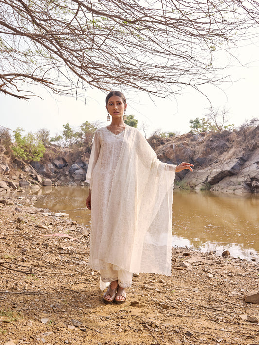 Off White and Grey printed mul Chanderi Beadwork Kurta Set