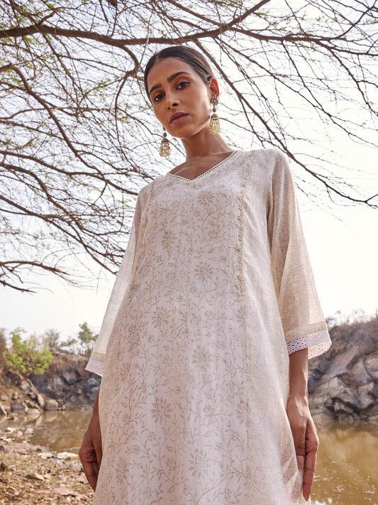 Off White and Grey printed mul Chanderi Beadwork Kurta