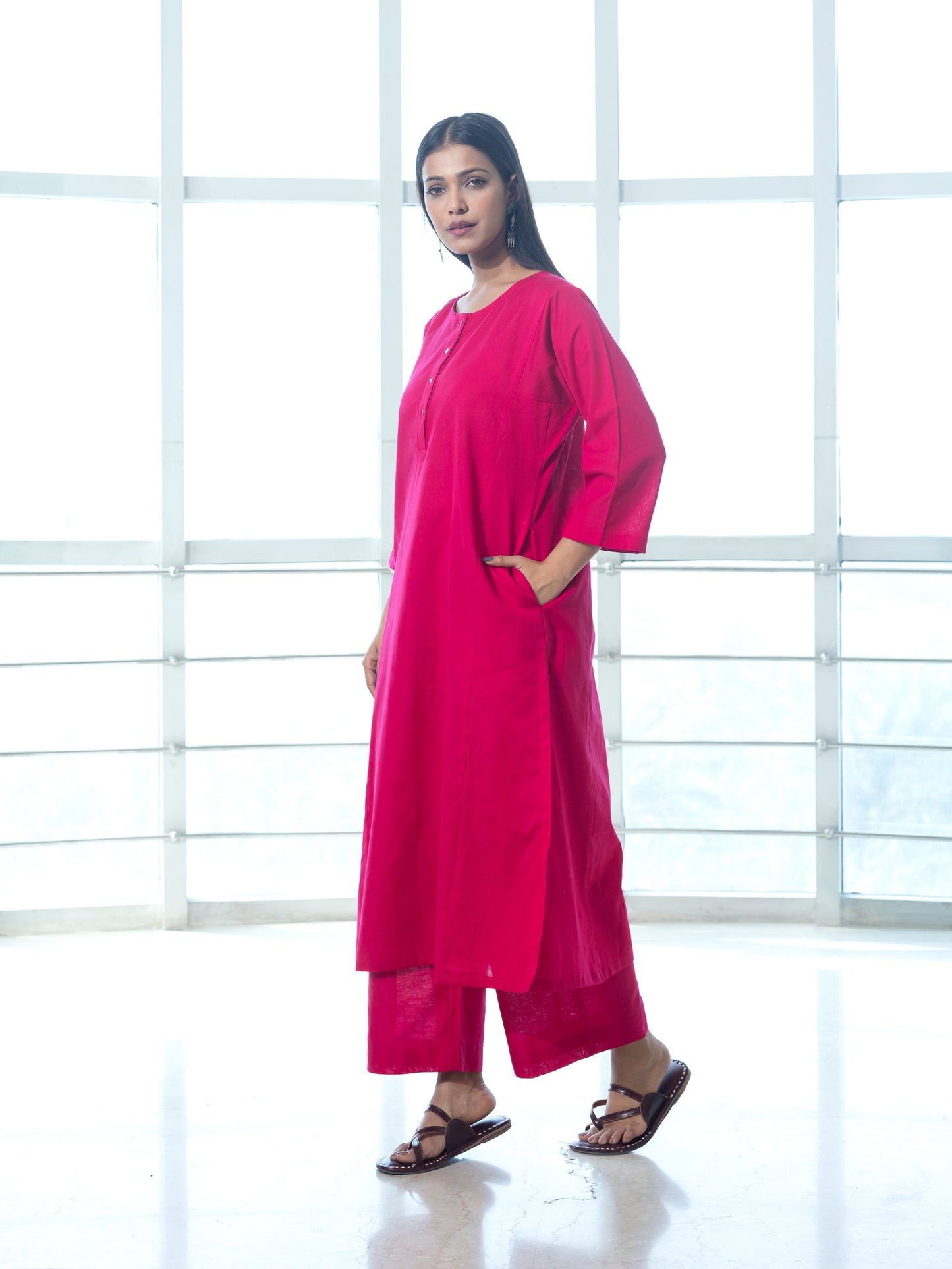 Pink cotton linen a line kurta co-ord set