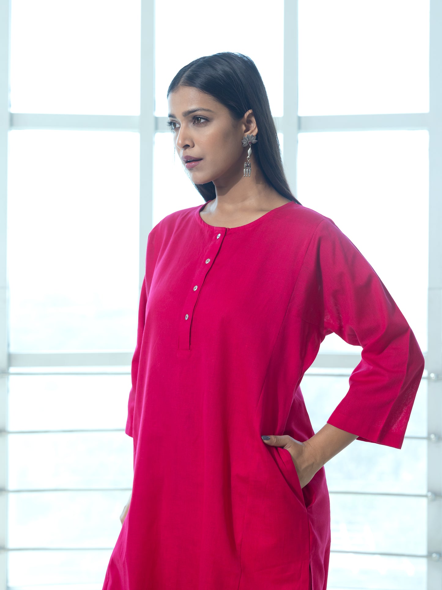 Pink cotton linen a line kurta co-ord set