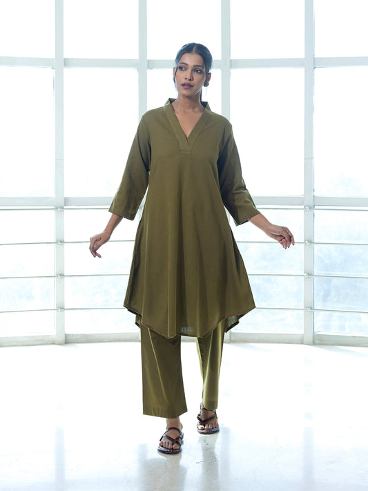 Mehndi green cotton linen kurta co-ord set