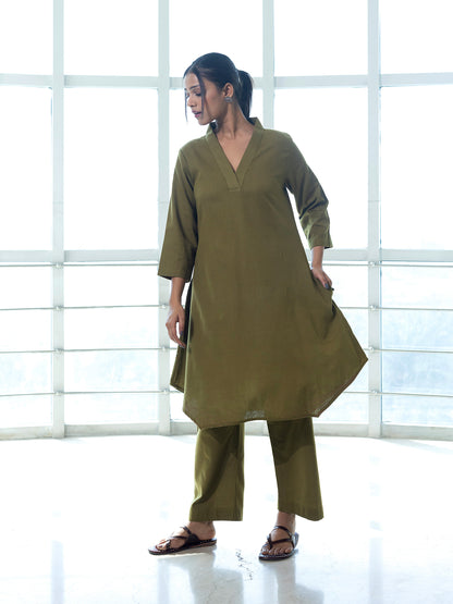 Mehndi green cotton linen kurta co-ord set