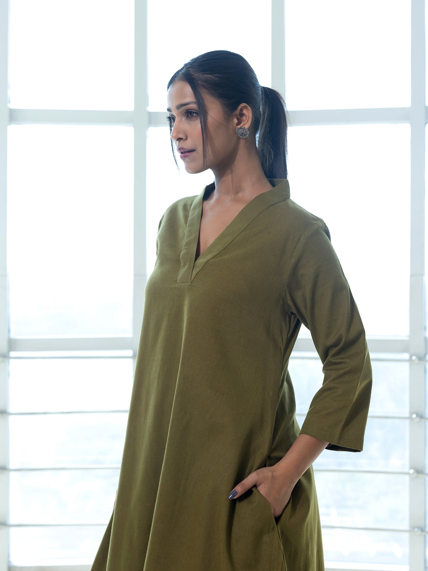 Mehndi green cotton linen kurta co-ord set