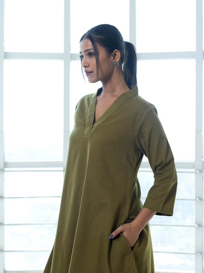 Mehndi green cotton linen kurta co-ord set