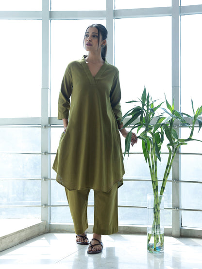 Mehndi green cotton linen kurta co-ord set