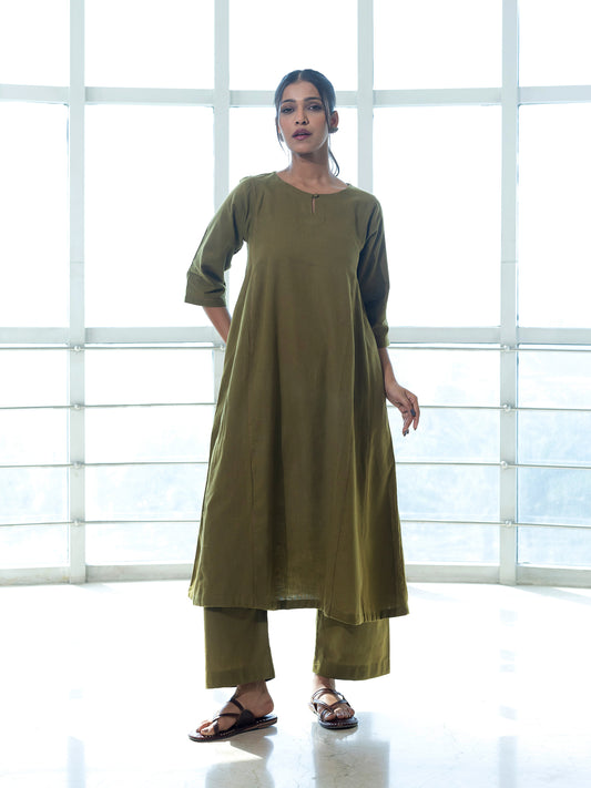 Mehndi green cotton linen kurta co-ord set