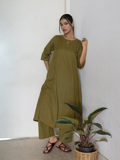 Mehndi green cotton linen kurta co-ord set