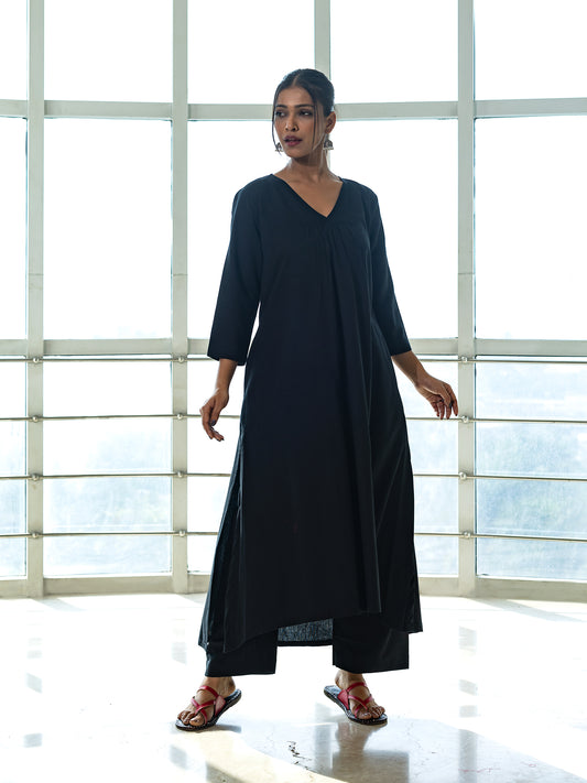 Black cotton linen a line kurta co-ord set