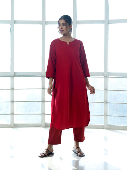 Red cotton linen a line kurta co-ord set
