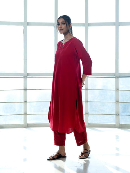 Red cotton linen a line kurta co-ord set