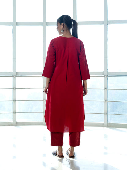 Red cotton linen a line kurta co-ord set
