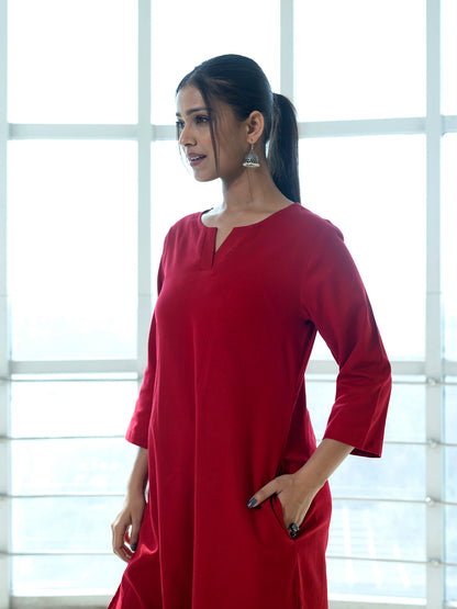 Red cotton linen a line kurta co-ord set
