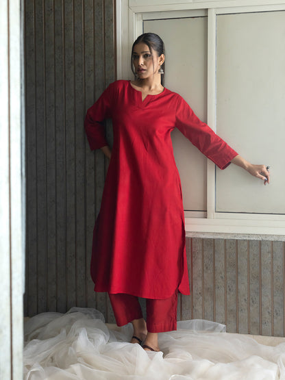 Red cotton linen a line kurta co-ord set