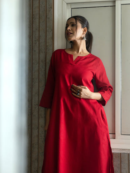 Red cotton linen a line kurta co-ord set