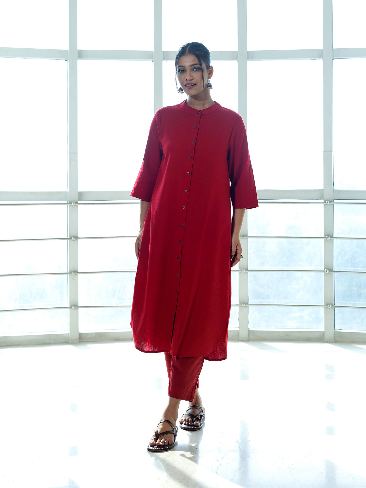 Red cotton linen a line kurta co-ord set