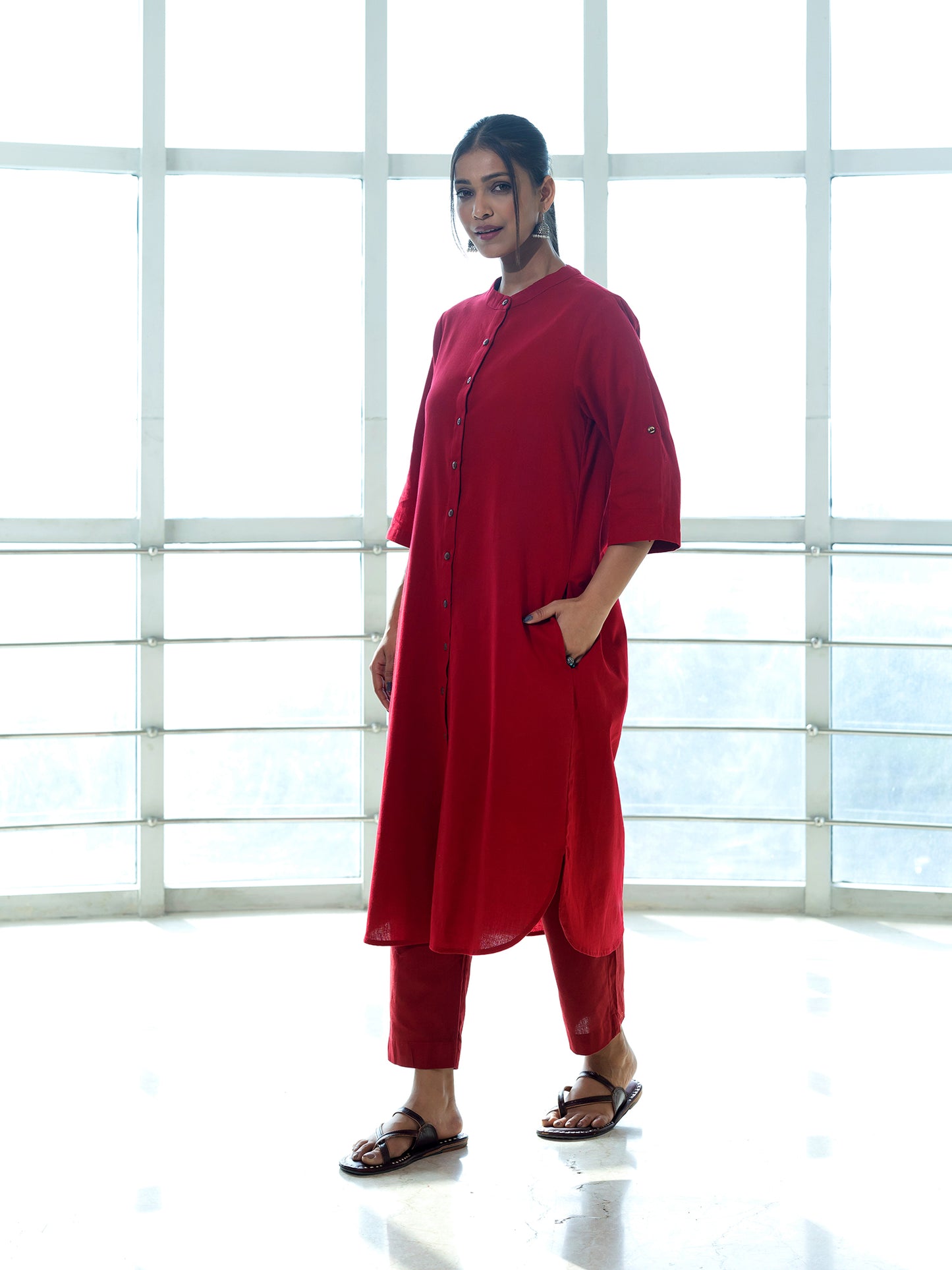 Red cotton linen a line kurta co-ord set