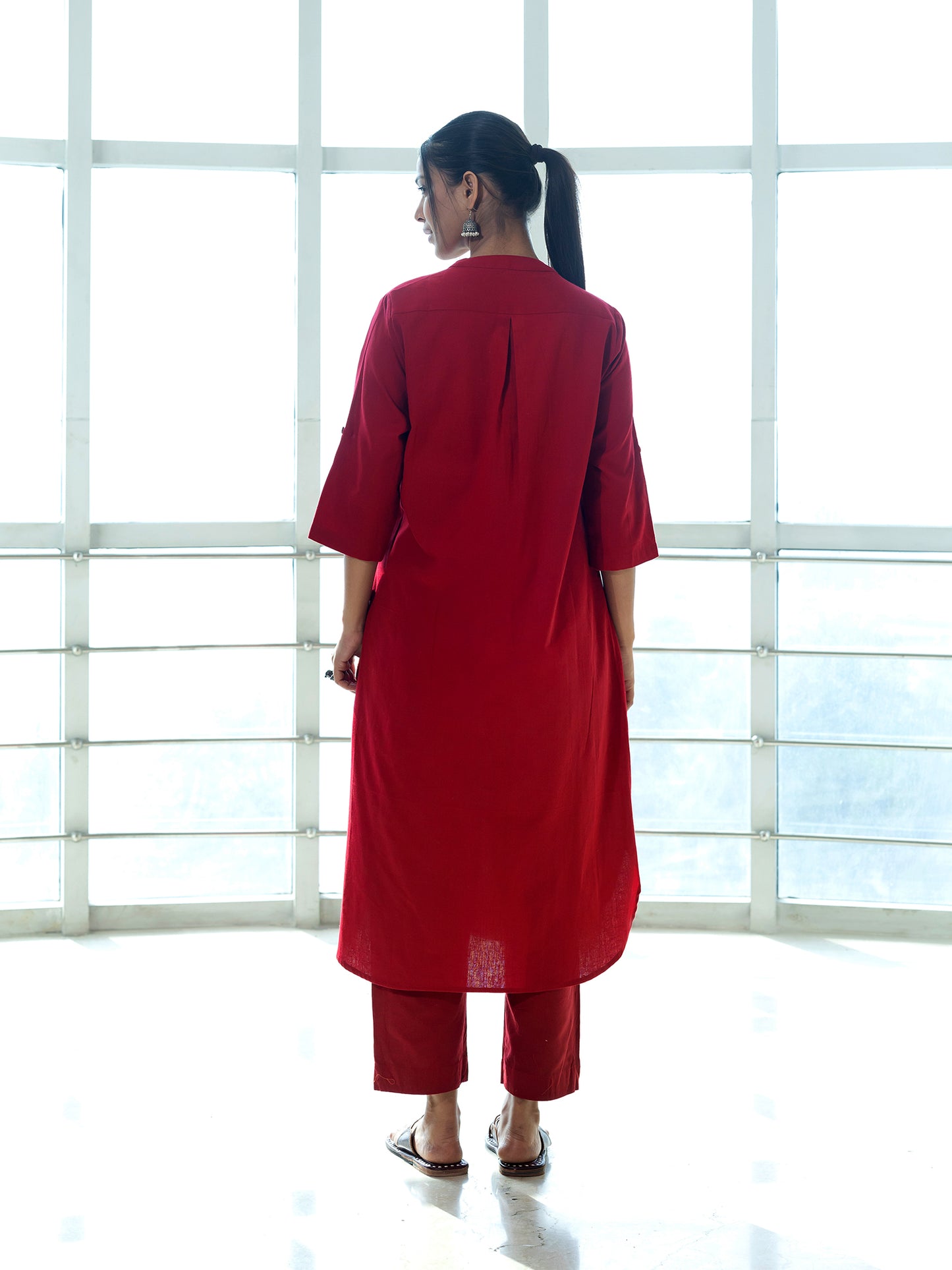 Red cotton linen a line kurta co-ord set