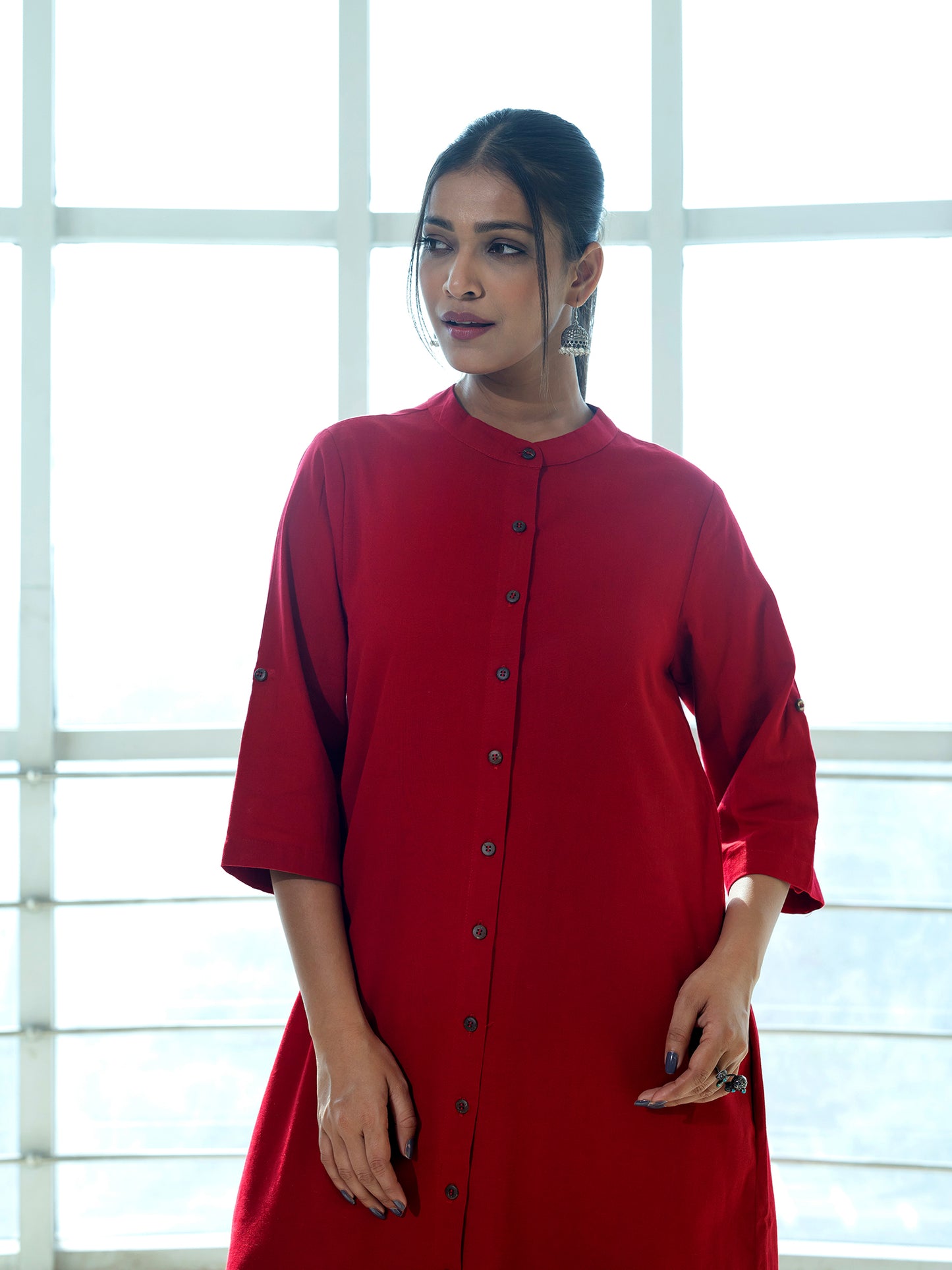 Red cotton linen a line kurta co-ord set
