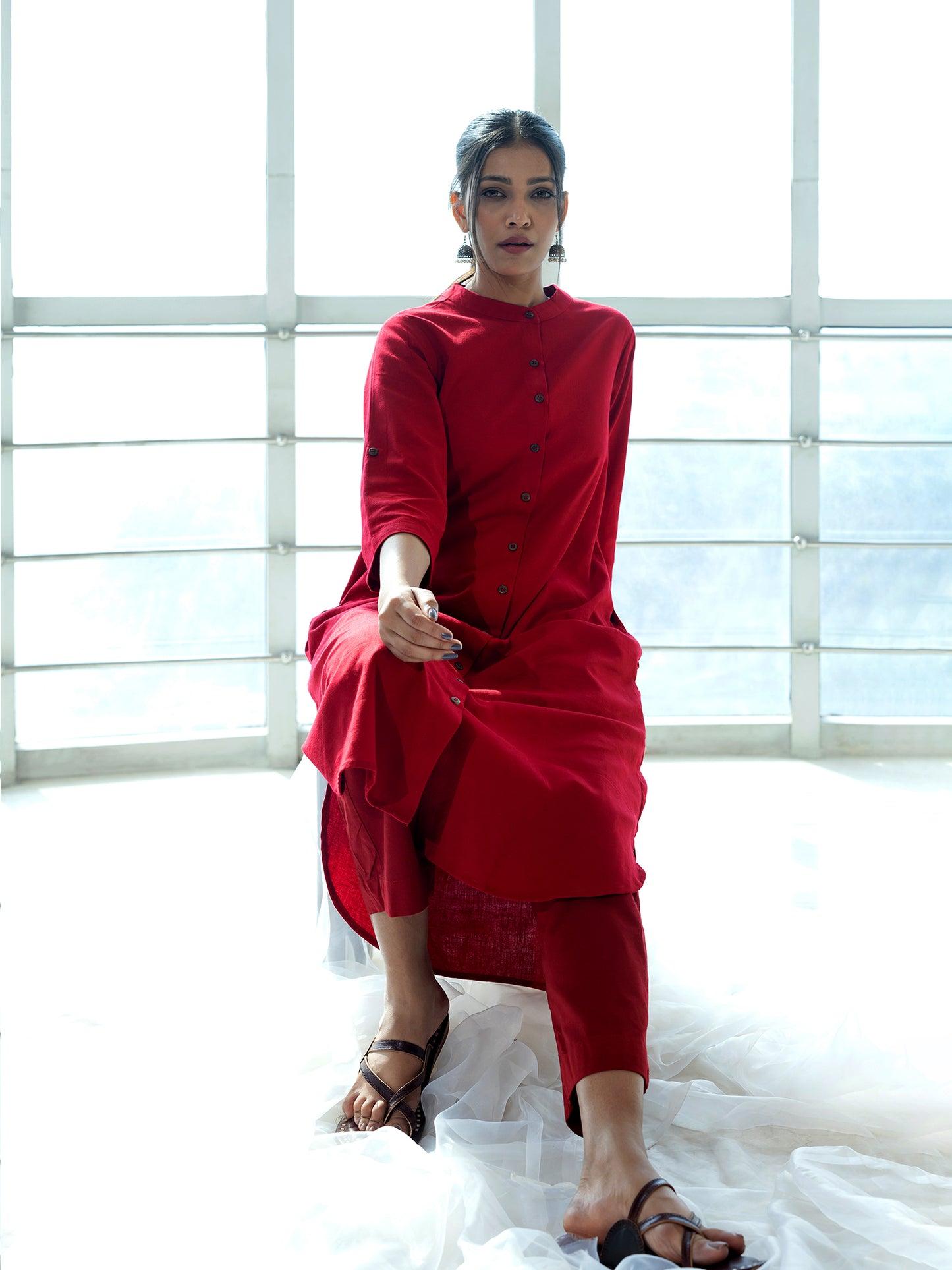 Red cotton linen a line kurta co-ord set