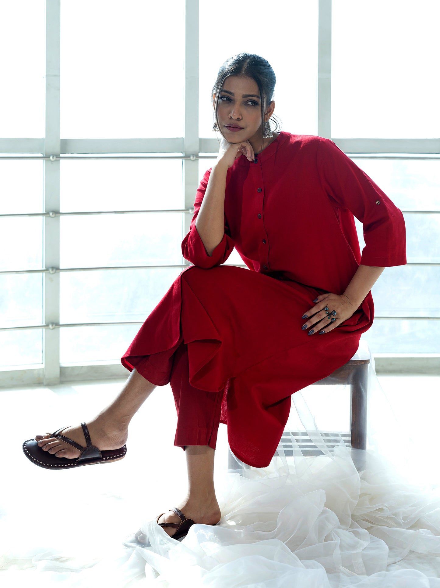 Red cotton linen a line kurta co-ord set