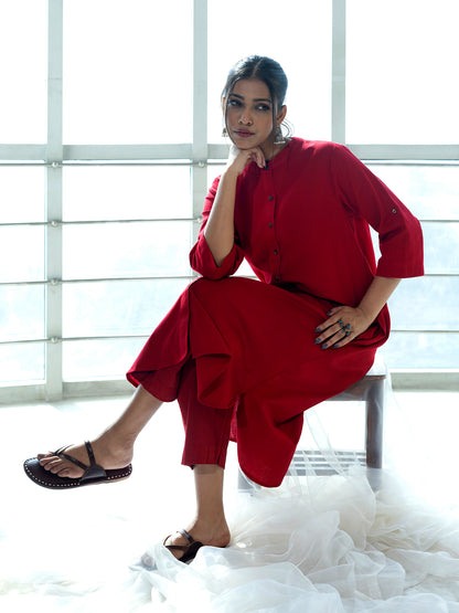Red cotton linen a line kurta co-ord set