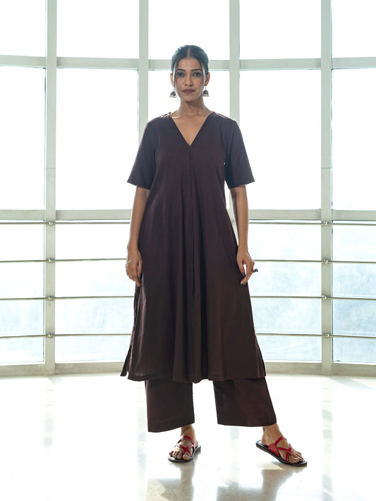 Brown cotton linen a line kurta co-ord set