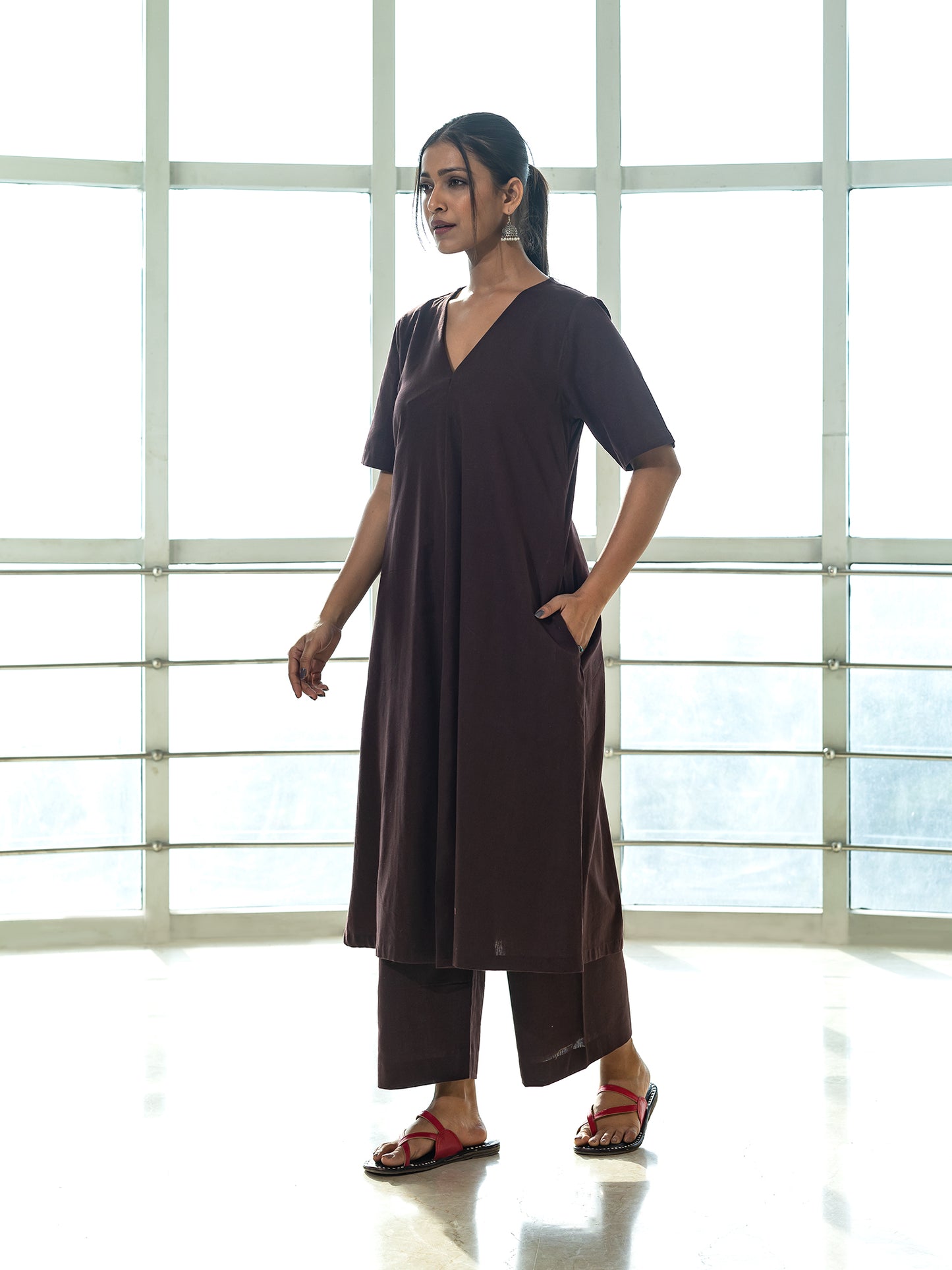 Brown cotton linen a line kurta co-ord set