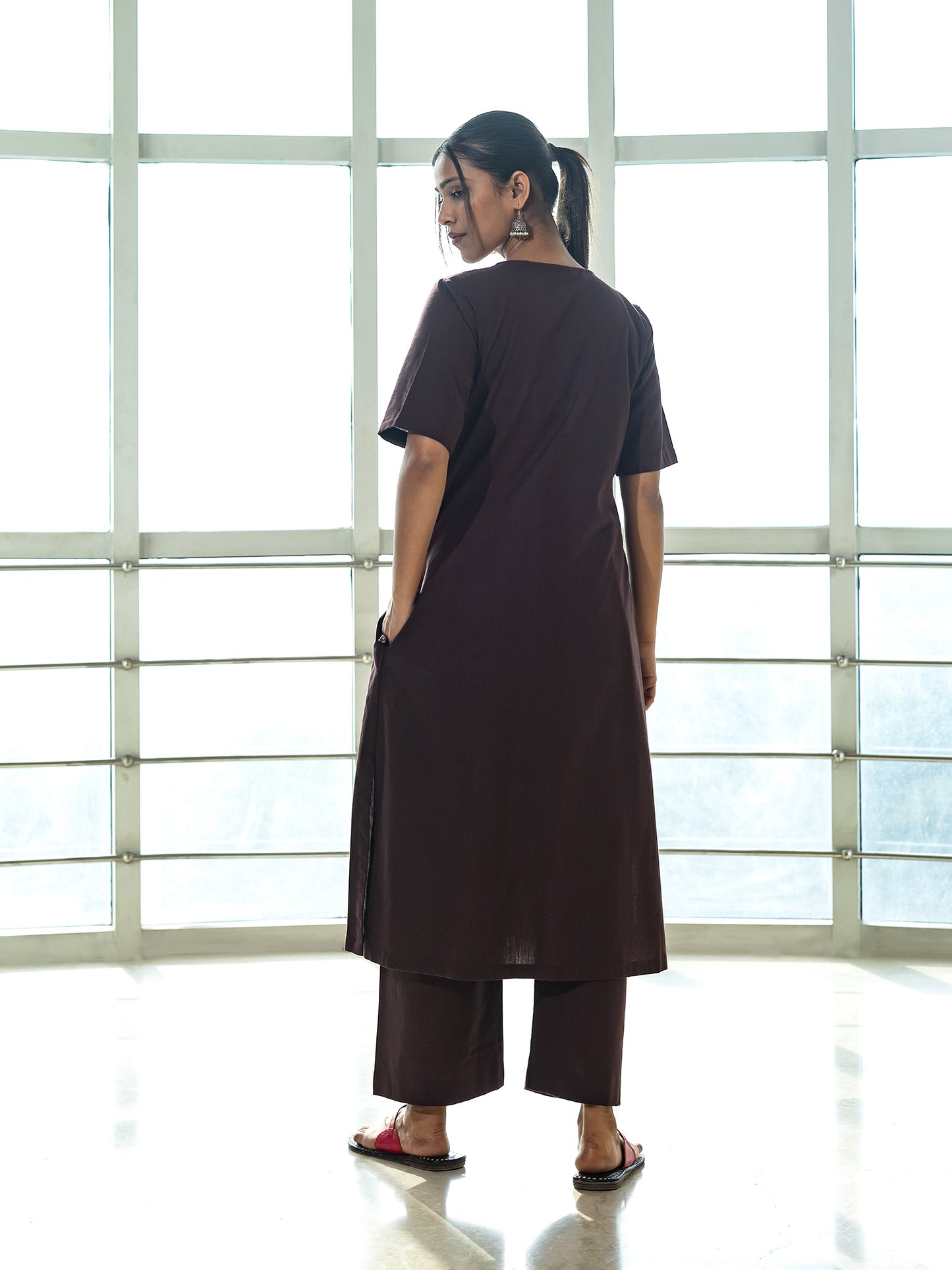 Brown cotton linen a line kurta co-ord set