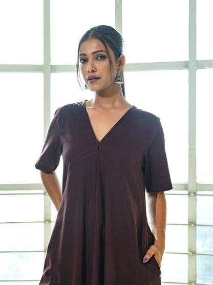 Brown cotton linen a line kurta co-ord set