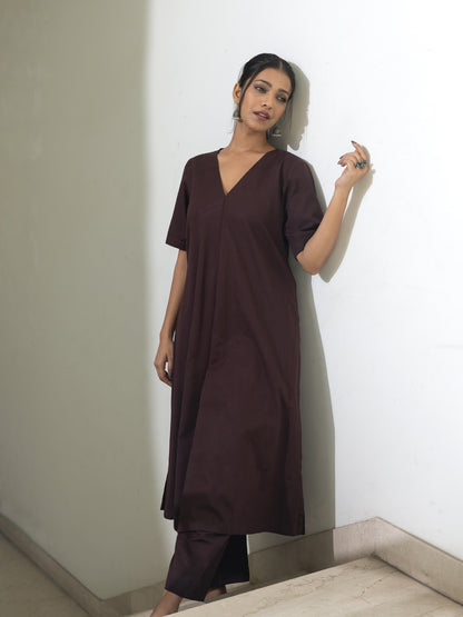 Brown cotton linen a line kurta co-ord set