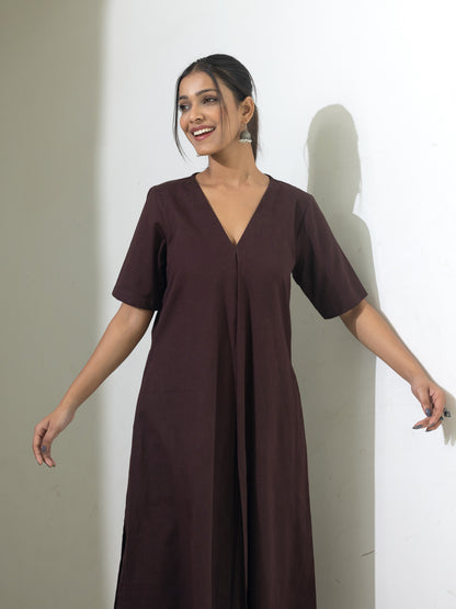 Brown cotton linen a line kurta co-ord set
