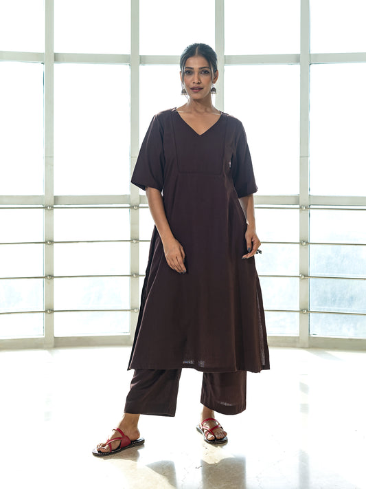 Brown cotton linen a line kurta co-ord set