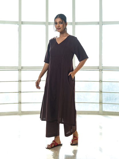 Brown cotton linen a line kurta co-ord set