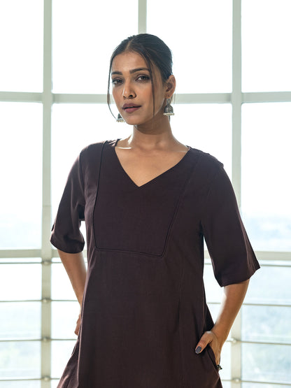 Brown cotton linen a line kurta co-ord set