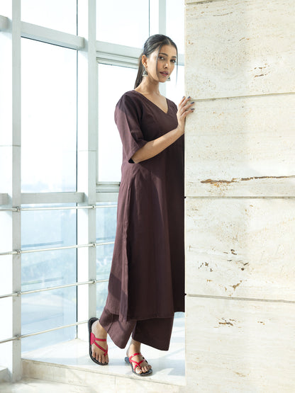 Brown cotton linen a line kurta co-ord set