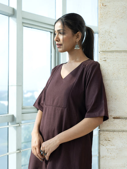 Brown cotton linen a line kurta co-ord set