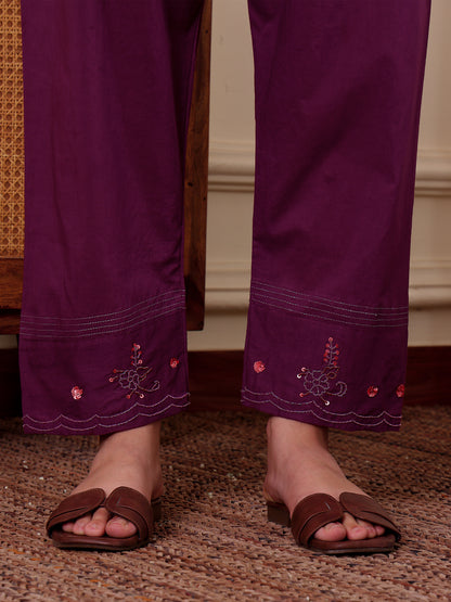 Purple mul chanderi bead work kurta set