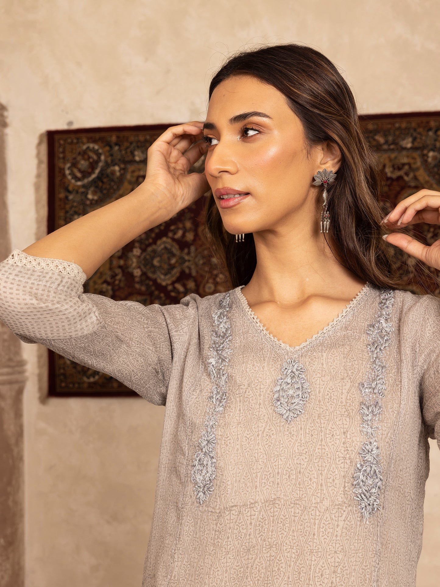 Gray hand block print kota cotton with zardozi hand embroidery kurta set