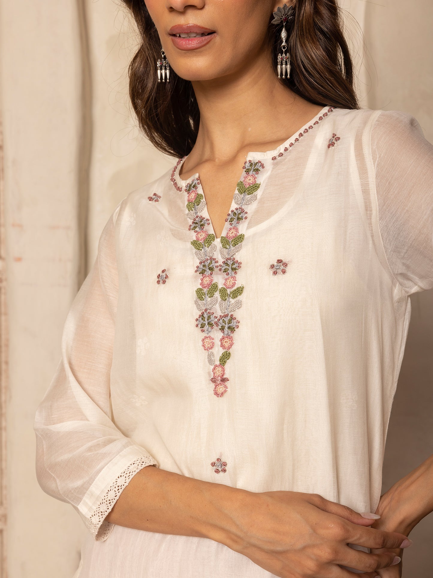 off white mul chanderi thread with crochet hand embroidery kurta set