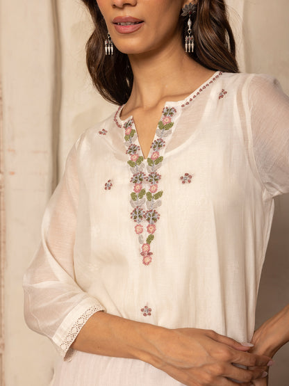 off white mul chanderi thread with crochet hand embroidery kurta set