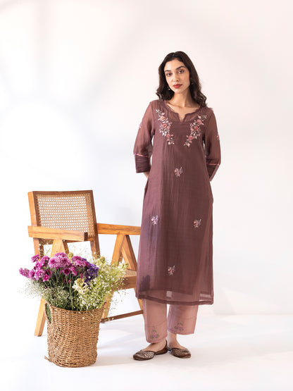 Brown mul chanderi thread work kurta set