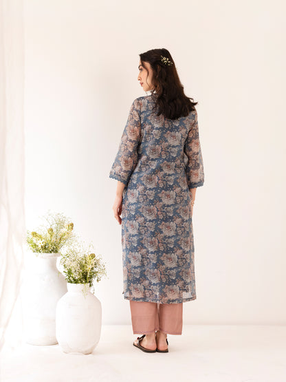 Blue and off white printed mul chanderi beadwork kurta set