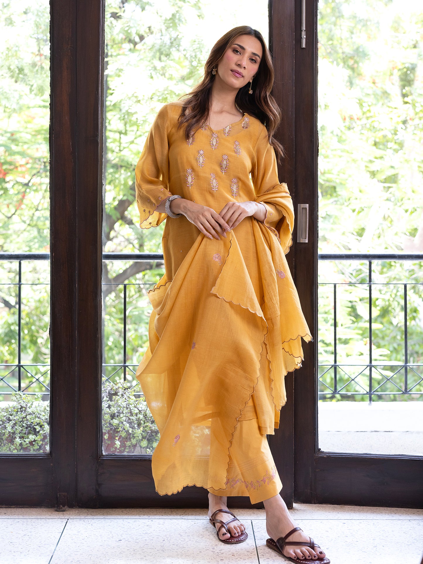 Mustard yellow mul chanderi gota with thread embroidery kurta set